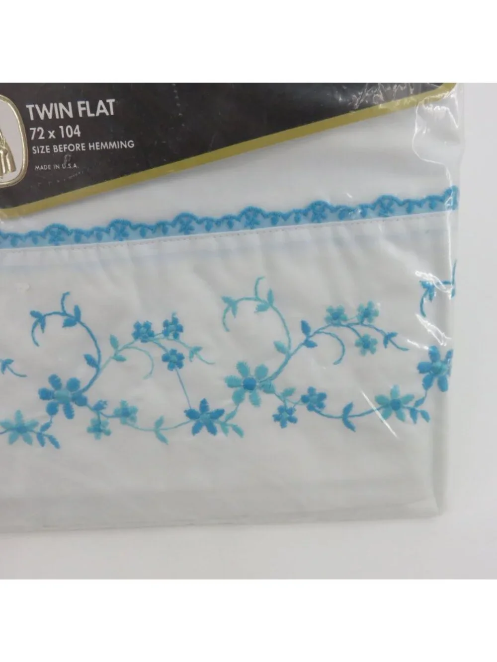 NEW Springmaid Wondercale TWIN Flat Sheet White Blue Embroidered Floral Flower